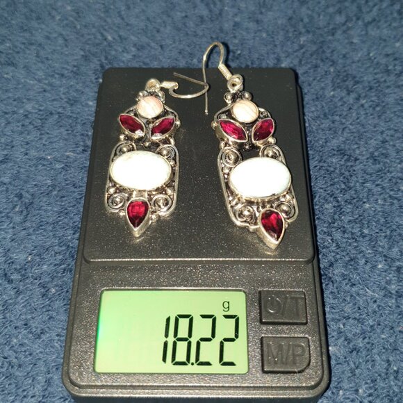 Victorian Genuine NATURAL Garnet, Rhodolite & Variscite 925 Silver Earrings - Picture 6 of 14